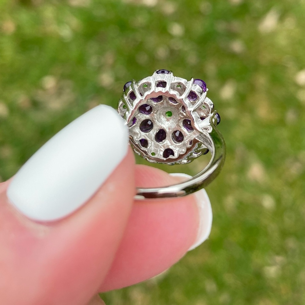 Amethyst and Chrome Diopside Cluster Ring Size 7.75 on Silver & 14k Gold Plating - Picture 2 of 7